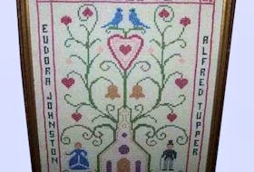 This antique marriage wedding sampler was done to commemorate the wedding of Eudora Johnston to Alfred Tupper and is dated June 7, 1937, though official records date it for 1938. Contributed photo
