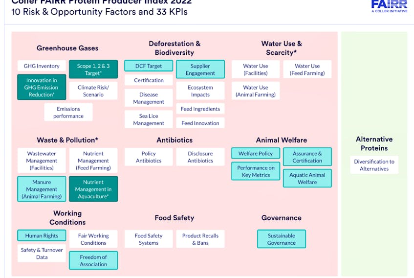 This graphic from the Coller Fairr 2022 report shows the factors used to assess the sustainability of protein producing companies. Screenshot