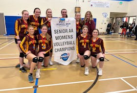 The Souris Spartans won the inaugural P.E.I. School Athletic Association (PEISAA) Senior AA Girls Volleyball League championship recently. Members of the Spartans are, front row, from left: Anna Harris, Ava Ching, Rita Harris, and Haley Lutz. Back row: Jill Bruce, Cassie Campbell, Rachael MacLean, Jenny Chaisson, Mia MacKenzie, and Brooke Robertson, who filled in coaching during the playoffs for head coach Margo Robertson. PEISAA Photo • Special to The Guardian