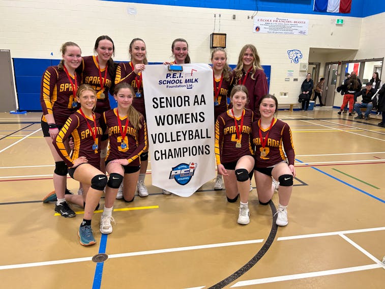 The Souris Spartans won the inaugural P.E.I. School Athletic Association (PEISAA) Senior AA Girls Volleyball League championship recently. Members of the Spartans are, front row, from left: Anna Harris, Ava Ching, Rita Harris, and Haley Lutz. Back row: Jill Bruce, Cassie Campbell, Rachael MacLean, Jenny Chaisson, Mia MacKenzie, and Brooke Robertson, who filled in coaching during the playoffs for head coach Margo Robertson. PEISAA Photo • Special to The Guardian