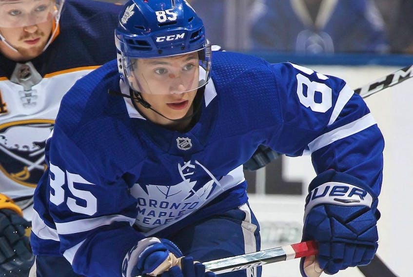 Semyon Der-Arguchintsev takes part in a pre-season game for the Toronto Maple Leafs in 2018.