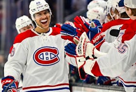 Canadiens defenceman Johnathan Kovacevic celebrates with his teammates after scoring his first NHL goal in the first period of Tuesday night’s 4-2 win over the Kraken at Seattle’s Climate Pledge Arena.