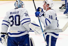 Matt Murray  of the Toronto Maple Leafs celebrates with Mitchell Marner in Dallas last night. 
