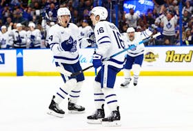 Toronto Maple Leafs winger Mitch Marner (right) was looking to pick up at least a point in his 20th consecutive game on Tuesday night against the Dallas Stars.
