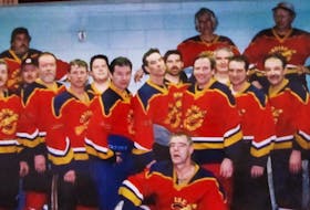 The 1998-99 hockey champions Don Fisher Cruise Missiles. Pictured are Herb McCallum (front), Graham McGuire (second, left), Dave Roode, Eugene Leighton, Brooke Taylor, Layton Rutherford, Mike Henderson, Jeff McCavour, Danny Stewart, Danny Dean. Danny Burgess (third, left), Randy Smith, Brian Hebb, Logan Rutherford, Jeff Dickey, Hallie Hamilton (back, left), Donnie Fisher, and Raymond Frame. Contributed