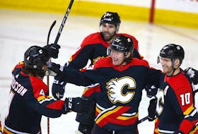 Flames Tyler Toffoli  (C) celebrates his second period goal during NHL action between Minnesota Wild and Calgary Flames in Calgary on Wednesday, December 7, 2022. Jim Wells/Postmedia