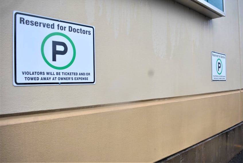 Parking spots reserved for doctors at the medical clinic in Truro. The key for recruiters is to keep those spaces occupied and they received a big assistance when local doctors join in the effort and help promote the area.