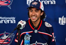 Johnny Gaudreau is pictured after signing a seven-year contract with the Columbus Blue Jackets.