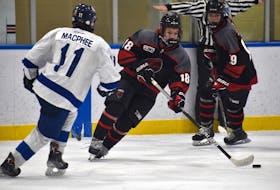 Brady Matheson of the Glace Bay Panthers, right, carries the puck into the offensive zone as he’s watched closely by Kieran MacPhee of the Sydney Academy Wildcats during Panther Classic high school hockey tournament action at the Miners Forum in Glace Bay, Thursday. Glace Bay won the game 8-2. JEREMY FRASER/CAPE BRETON POST