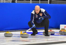 Nova Scotia men's skip Glen MacLeod calls a shot at the Everest Canadian Senior Curling Championships. MacLeod advanced to the semifinals.