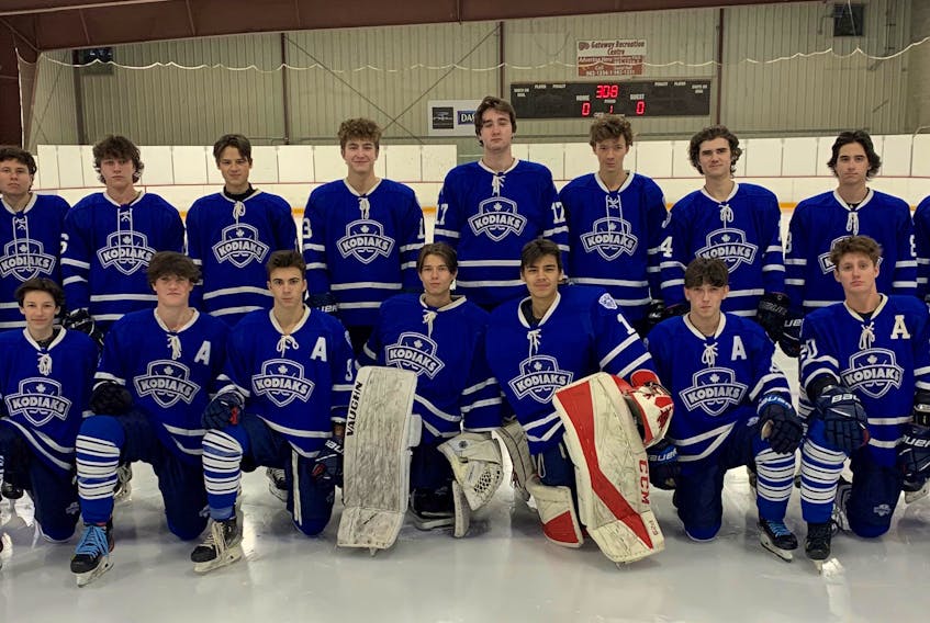 Members of the River East Collegiate Kodiaks are shown in the above picture. The team will play in the Panther Classic high school hockey tournament this week in Glace Bay. Players names were not available. CONTRIBUTED.