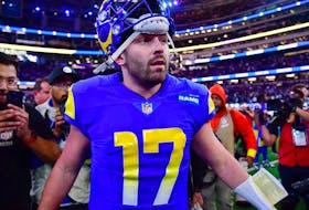 Los Angeles Rams quarterback Baker Mayfield reacts following the victory against the Las Vegas Raiders at SoFi Stadium. 