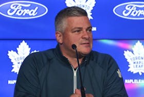 Toronto Maple Leafs head coach Sheldon Keefe speaks at the podium about some of the new players and his goalie tandem for the upcoming season on Wednesday September 21, 2022.  