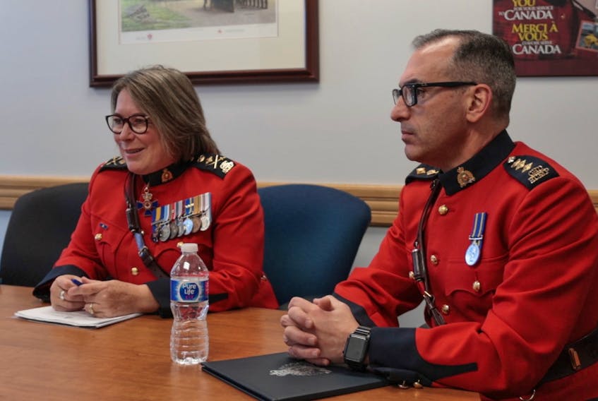 RCMP Commissioner Brenda Lucki, left, visited P.E.I. and attended the official swearing-in ceremony for RCMP Chief Supt. Derek Santosuosso on Nov. 22, who took over P.E.I.’s L Division in June.