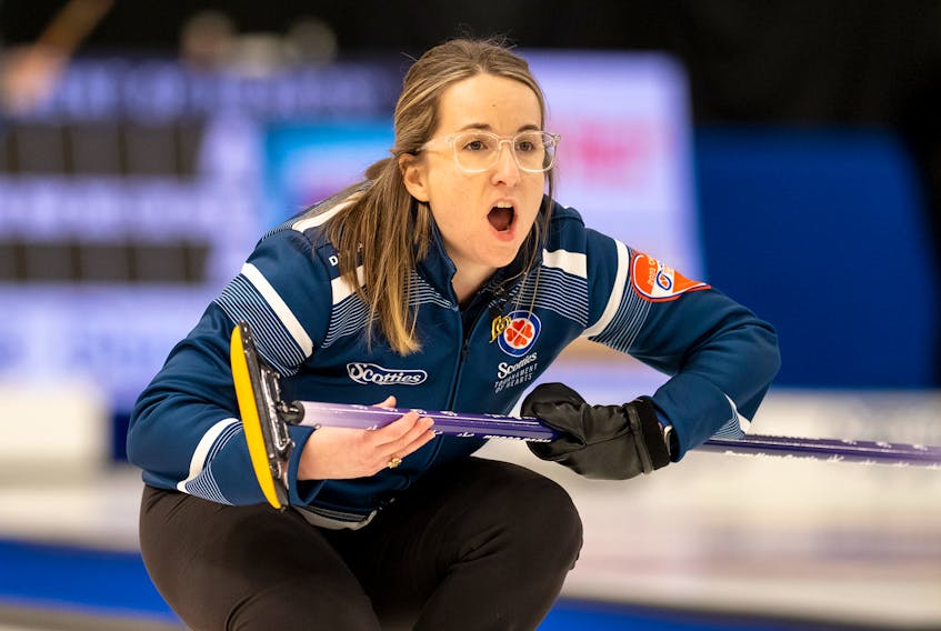 Nova Scotia skip Christina Black yells instruction to her teammates during Tuesday's early draw against Ontario at the Scotties Tournament of Hearts in Thunder Bay, Ont. Ontario won 8-6. - CURLING CANADA  