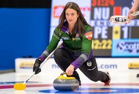 P.E.I. skip Suzanne Birt releases a shot at the 2022 Scotties Tournament of Hearts in Thunder Bay, Ont. Team P.E.I. entered play on Feb. 1 with a record of 2-3 (won-lost) after splitting two games on Jan. 31. 