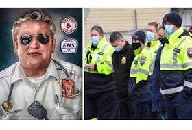 (Left) An image of Terry Muise being shared on social media following his Feb. 9 death. CONTRIBUTED. (Right) Paramedics and other first responders gathered outside his Yarmouth home at the time of his death to pay tribute to his 44-year career as a paramedic and the impact he had across the province. TINA COMEAU PHOTO