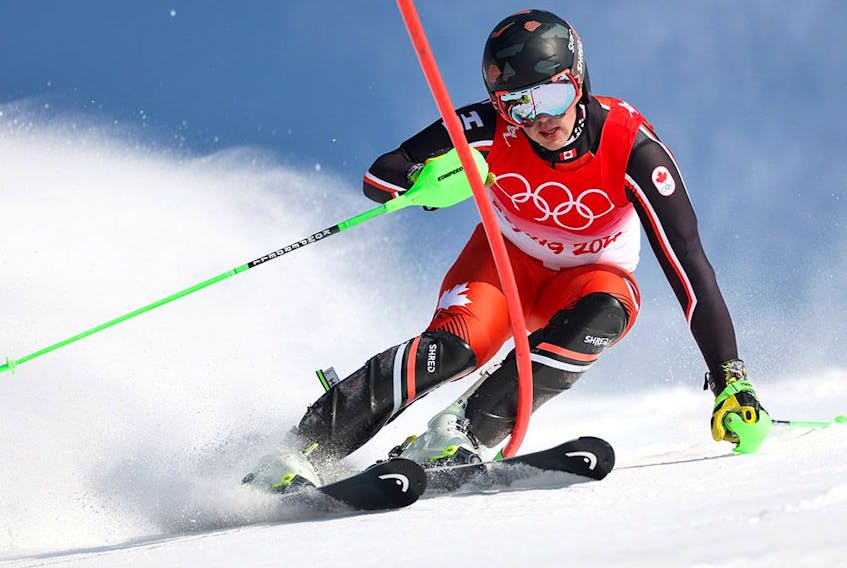  James Crawford of Team Canada skis during the Men’s Alpine Combined Slalom on day six of the Beijing 2022 Winter Olympic Games.