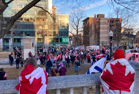 Between 250 and 300 people gathered at Halifax’s Grand Parade Saturday to protest public health measures around the COVID-19 virus.