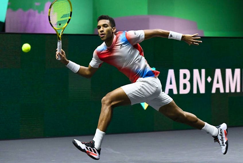 Montrealer Felix Auger-Aliassime in action during his semifinal match against Russia's Andrey Rublev at the ATP 500 Rotterdam Open in Rotterdam, Netherlands, on Saturday, Feb. 12, 2022.