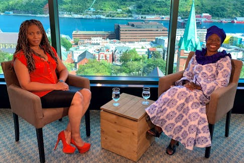 Dr. Lloydetta Quaicoe, right, interviews Fatima Mansaray, a registered nurse with Eastern Health, on the set of Quaicoe’s multicultural television program on Rogers TV in Newfoundland and Labrador. Contributed