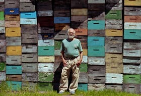 Stan Sandler stands in front of a large stack of bee boxes in the film The Island Cowboy by Raphael Sandler.