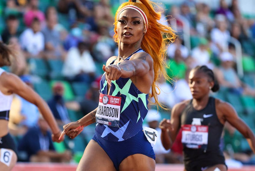 Sha'Carri Richardson competes in the Women's 100 Metre on Day 2 of the 2020 U.S. Olympic Track &amp; Field Team Trials at Hayward Field on June 19, 2021 in Eugene, Oregon.