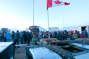  Protesters at the roadblock on Highway 4 near Milk River on Feb. 8, 2022.