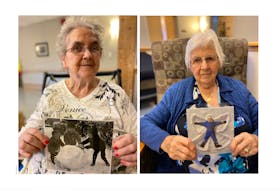 Annette Clairmont and Sophie Bourque, residents of Nakile Home for Special Care, hold up photographs used in an activity over Facebook to connect the residents and the public through shared memories. CONTRIBUTED