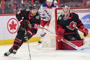  Ottawa Senators defenceman Victor Mete (89) skates with the puck in the first period against the New York Rangers at the Canadian Tire Centre, Sunday, Feb. 20, 2022.
