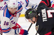 New York Rangers centerre Ryan Strome (16) faces off against Ottawa Senators left wing Brady Tkachuk (7) in the second period at the Canadian Tire Centre, Sunday, Feb. 20, 2022.