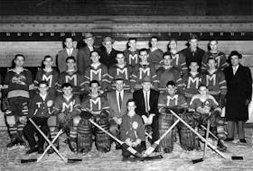 The Glace Bay Miners hockey team claimed the 1955-56 Maritime Junior ‘A’ Hockey Championship. Front row, Skipper Murphy (stick boy). Second row, from left, Cecil LeBlanc, Ron Donovan, Bobby Andrea, Angus MacDougall, Manning MacIntyre (coach), Murray Matheson, and Timmy Hines. Third row, from left, Alfie MacPherson, Fran Finlayson, Buddy Sulliman, Jack Scott, Bob MacKenzie, Slim MacKinnon, Porky MacMullin, Bourey Andrews, Angus MacNeil, and Leo MacIntyre. Back row, from left, Bill Sidney, Ernie Beaton, Howard Wadden, Jimmy MacLeod, Angus MacDougall, Sid Gillard, Gordie Grant, and Fred Courtney. Missing from the photo were Angus MacDonald, Richie Cormier, Don Morrison, Dave Marsh, Willy Hines, Johnny Read, and Frank MacInnis. PHOTO CONTRIBUTED.