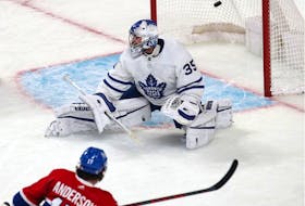 Montreal Canadiens' right wing Josh Anderson (17) scores a goal against Toronto Maple Leafs goaltender Petr Mrazek (35) during the second period at Bell Centre. 