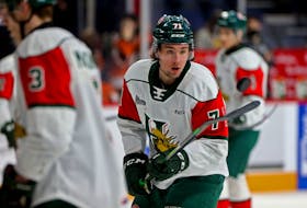 Halifax Mooseheads winger Evan Boucher bounces the puck on his stick during warmup before Monday's QMJHL game against the Moncton Wildcats at the Scotiabank Centre. - Tim Krochak
