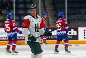 FOR FILE:
Halifax Mooseheads Evan Boucher smiles during pregame warmup against the Moncton Wildcats in Halifax Monday February 21, 2022.

TIM KROCHAK PHOTO