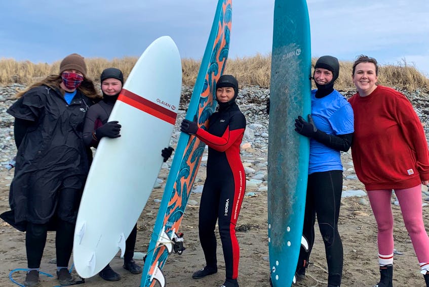 Left to right) Beth Bonnet, Ella Bonnet, Chinatsu Ohashi, Laura Comeau (The Good Wave Project) and Tori Comeau (Municipality of Clare). CONTRIBUTED