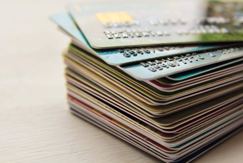 Big stack of various credit cards, close-up view with copy space.