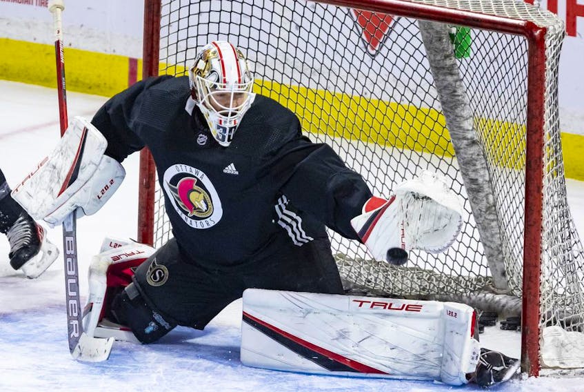 Ottawa Senators goaltender Matt Murray during team practice at the Canadian Tire Centre. Thursday, Jan. 6, 2022.