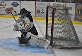 Northern Subway Selects goaltender Gabby Arsenault makes a nice blocker save during her team’s recent 4-3 win over the Cape Breton Lynx.