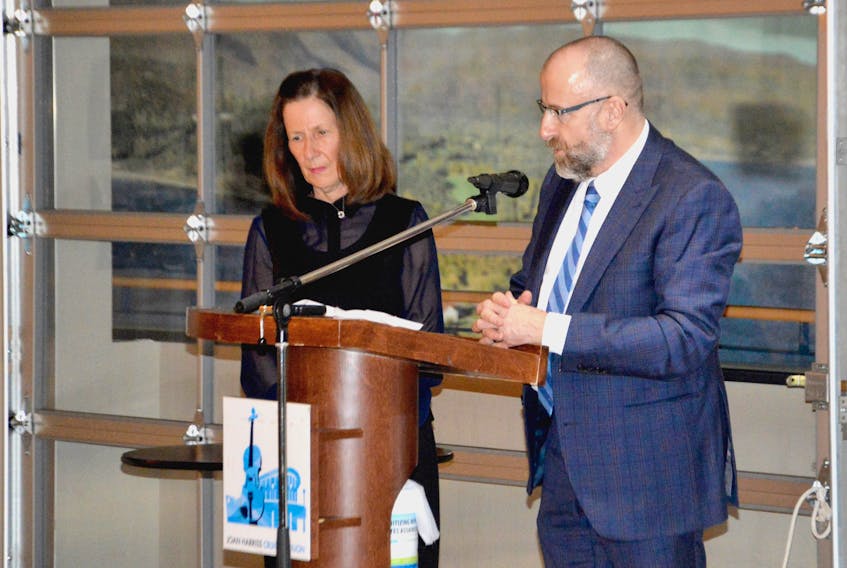 Port of Sydney CEO Marlene Usher and general manager Paul Carrigan speak during the port's annual general meeting Wednesday night at the Joan Harriss Pavilion in Sydney. IAN NATHANSON • CAPE BRETON POST