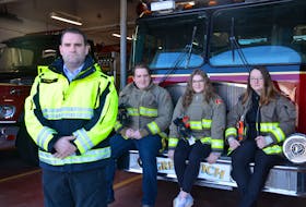 Chief Jason Ripley, firefighters Owen Caborn and Mataea Welton and Lieut. Hannah Dorman of the Greenwich Fire Department are concerned about the pending April 1 closure of  the department. It was a decision made by the County of Kings, Town of Wolfville and Greenwich Fire Commission. KIRK STARRATT