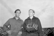 John Landy, left, and Roger Bannister together at Empire Stadium in 1954.