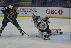 Halifax Mooseheads forward Elliot Desnoyers is unable to beat Charlottetown Islanders goaltender Oliver Satny on this second-period breakaway in a Quebec Major Junior Hockey League game in Charlottetown on Saturday night. The Mooseheads won 6-5. - JASON SIMMONDS / SALTWIRE NETWORK