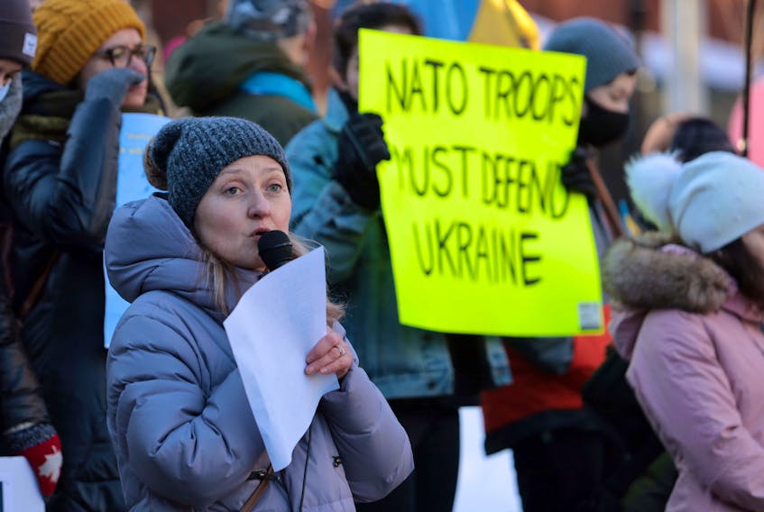 Feb. 26, 2022--A show of support for Ukraine in front of Halifax City Hall called for peace in Ukraine was held in the Grand Parade Saturday afternoon. Co-organizer Lyubov Zhyznomirska speaks during the rally. The Nova Scotia government is donating $100,000 to the Canada-Ukraine Foundation to provide humanitarian aid and support to the people of Ukraine.
ERIC WYNNE/Chronicle Herald