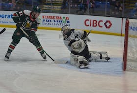 Halifax Mooseheads forward Elliot Desnoyers is unable to beat Charlottetown Islanders goaltender Oliver Satny on this second-period breakaway in a Quebec Major Junior Hockey League game at Eastlink Centre on Feb. 26. The Mooseheads won the contest 6-5.