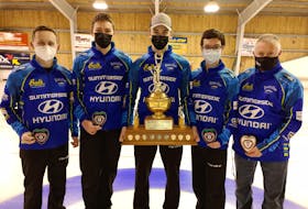 The Mitchell Schut-skipped rink repeated as Pepsi provincial junior men’s curling champions on Feb. 26. Team members are, from left: Schut, who throws third stones, Chase MacMillan, who handles skip rocks, Cruz Pineau, second stone, Liam Kelly, lead, and Pat Quilty, coach.