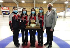 The Rachel MacLean rink from the host Cornwall club won the Pepsi provincial junior women’s curling championship on Feb. 27. Members of the winning team are, from left: MacLean, third stone Sydney Howatt, second stone Lexie Murray, lead Abby Barker and coach David Murphy.