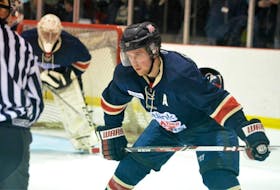 St. John’s native Jordan Escott got his first taste of professional hockey in his hometown Thursday night with the Newfoundland Growlers. He is shown here in action with the HGOE CeeBee Stars of the East Coast Senior Hockey League.