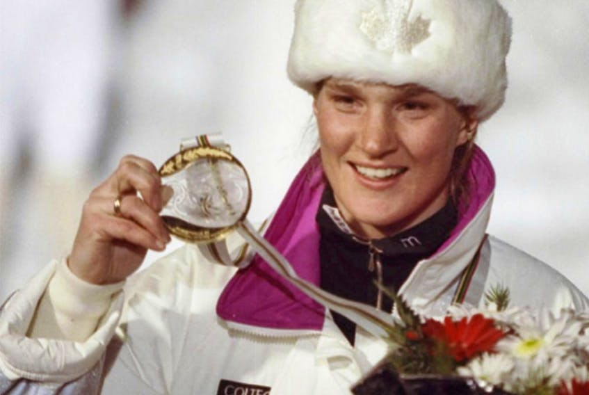  Feb 1992: Kerrin Lee-Garnter of Canada shows off her medal during the Olympic Games in Albertville, France. Photo by Rick Stewart/Allsport(Montreal Gazette)