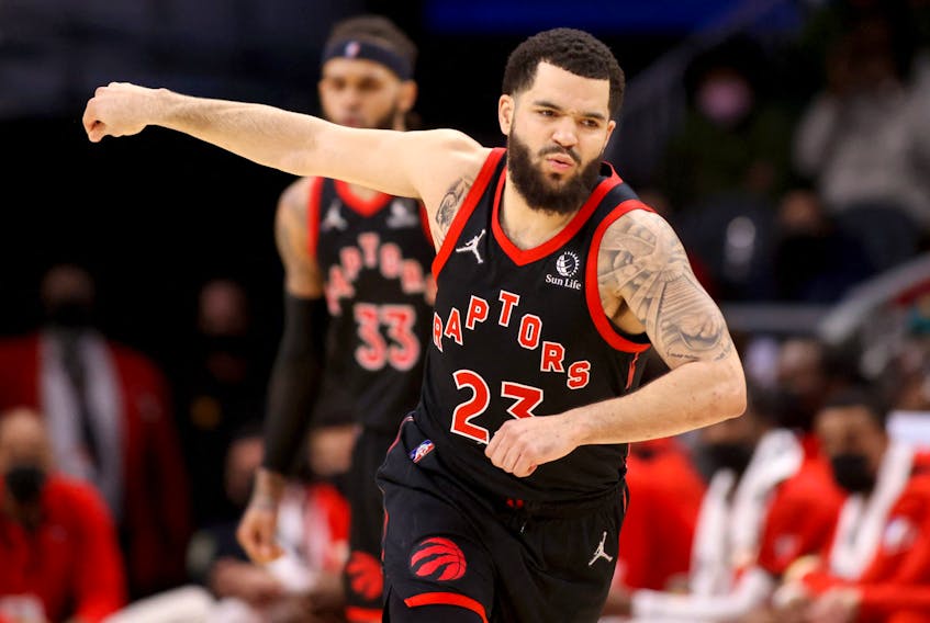 Raptors' Fred VanVleet reacts after making a three-point basket during the second half against the Atlanta Hawks at State Farm Arena. VanVleet was named to the all-star game.